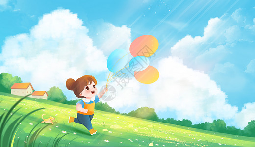 小女孩边框气球六一儿童节女孩在户外玩耍治愈系场景插画