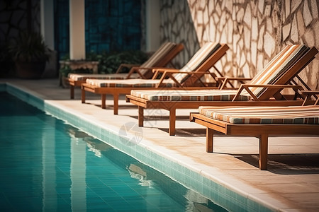 度假酒店泳池边的躺椅高清图片