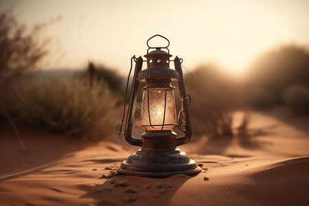 沙漠特写沙漠中摆放的露营灯插画