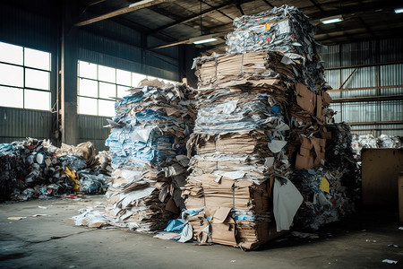 回收废纸回收厂的废纸堆插画