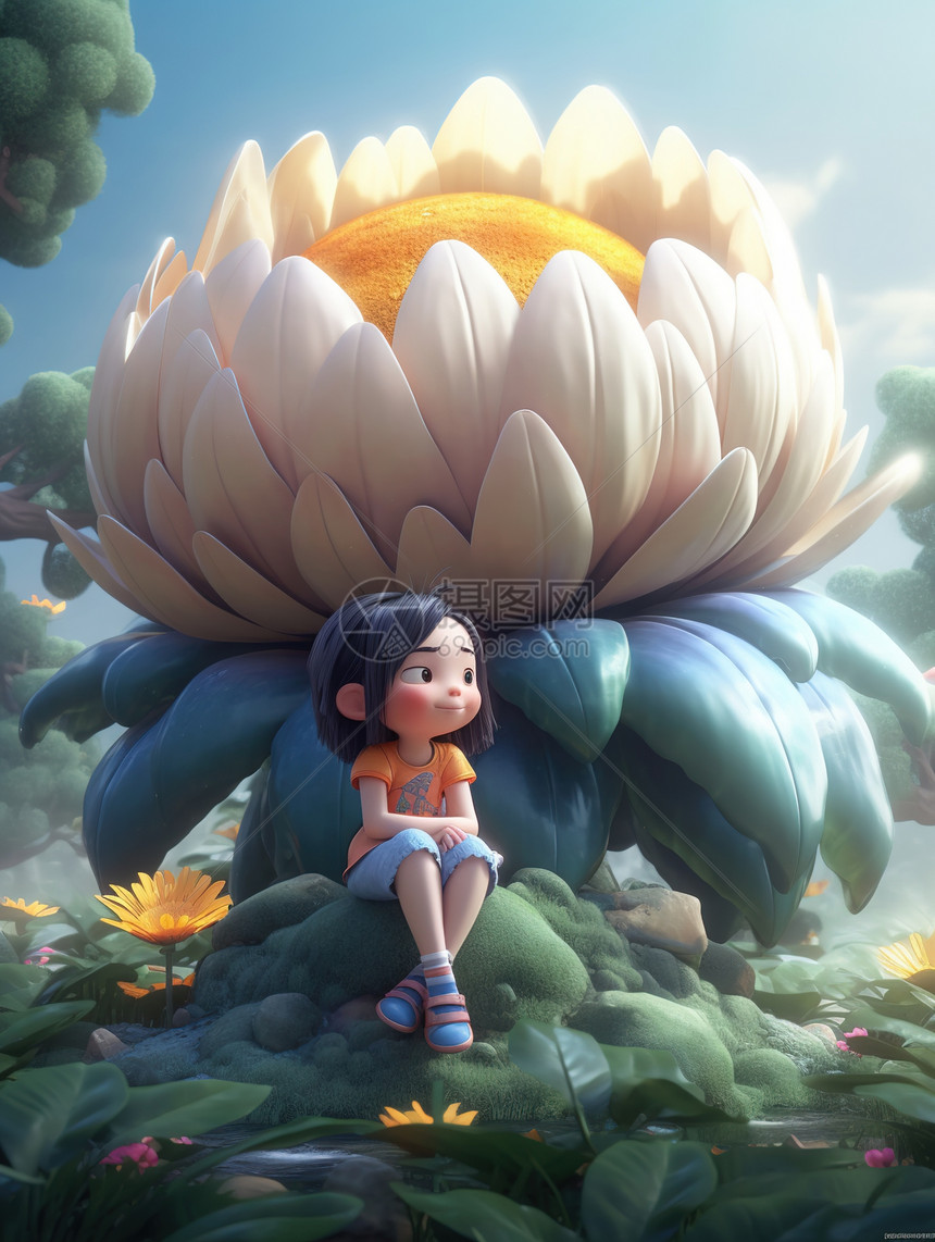 巨大花朵前的女孩3D图片