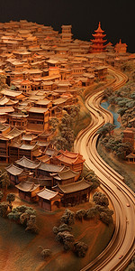 数字地形蜿蜒的道路两旁的中国风建筑3D数字插画