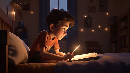 夜晚看书的小男孩背景图片