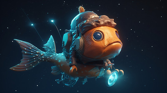 深海鱼背景开着灯的小鱼插画