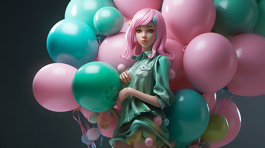 彩色气球和美少女背景图片