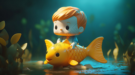 金鱼玩偶群抱着鱼的小男孩玩偶插画