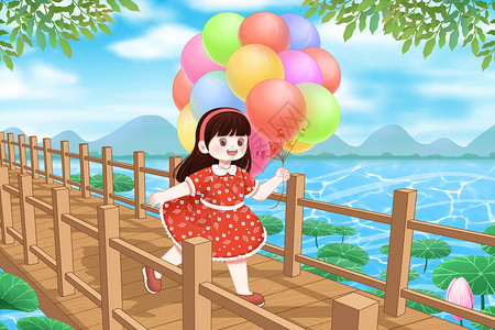 六一儿童节桥上拿着气球的小女孩图片