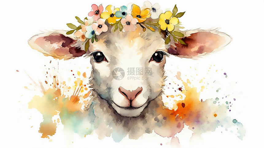 手绘带着花环的羊图片