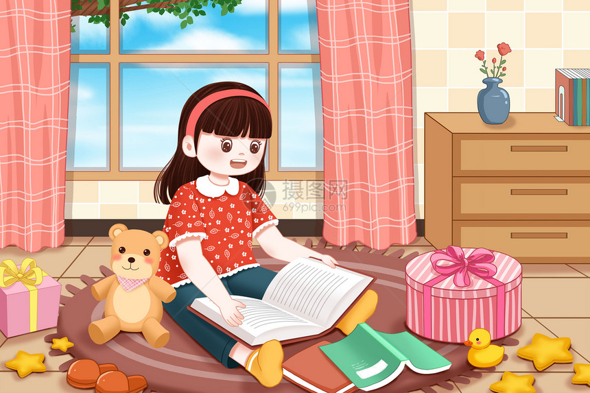 六一儿童节地毯上看书的女孩图片