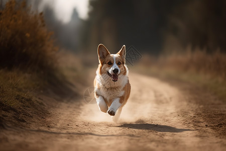 乡间小路上快乐地奔跑的小狗图片