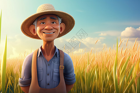 稻田里的农民稻田里等待收割的农民叔叔插画