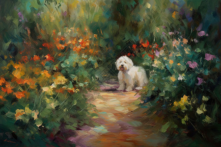 乡间野花丛中的小奶狗印象派风格背景图片