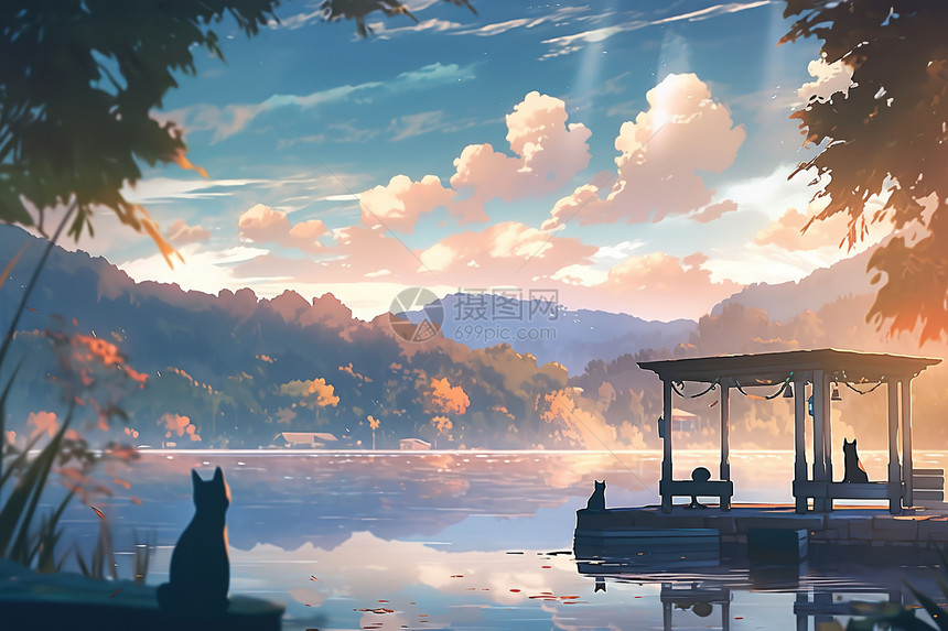 夏天美丽的日落湖景风光宫崎骏风格图片
