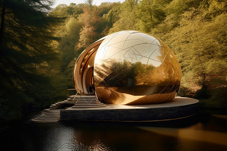 3D香槟色球体建筑设计背景图片