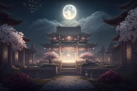 手绘唯美夜晚下的樱花传统建筑背景图片