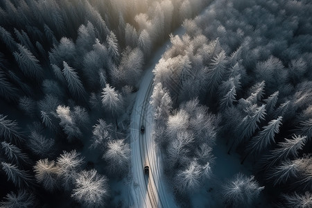 冬季道路白雪皑皑的森林道路上的车辆俯视图插画