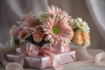 丝带花朵礼盒粉色系花朵节日氛围插画
