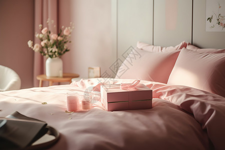 柔和色调粉色床上的礼物高清图片