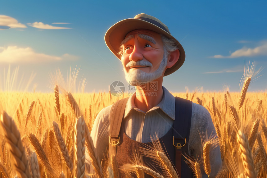 丰收麦田的农民伯伯皮克斯风格图片
