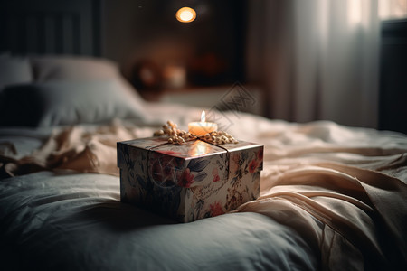 卧室床上的礼物盒背景图片