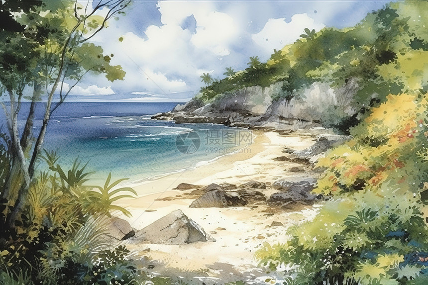 夏日大海沙滩水彩画图片