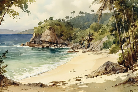 夏日大海沙滩水彩画背景图片