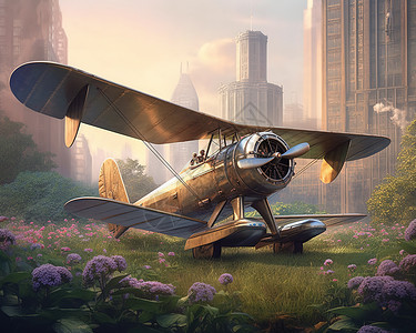 城市背景老式飞机背景图片