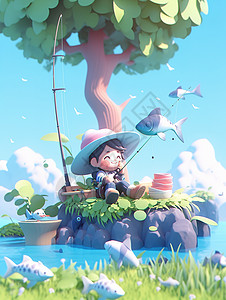 可爱3D钓鱼的男孩插画图片
