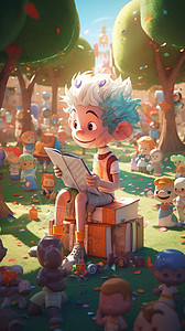 坐在木头上看书的男孩背景图片