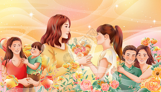 玻璃风母亲节海报幸福的陪伴母亲节手绘插画插画