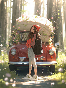 红色衣服的女孩踏青旅游手绘插画图片