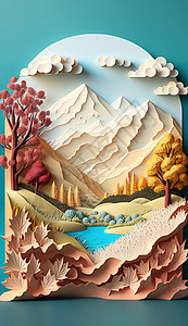 3d树林3D折纸风自然景观山脉插画