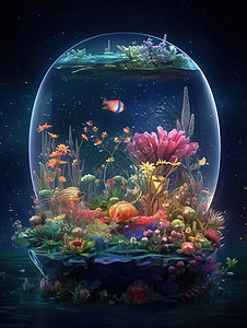 玻璃水族鱼缸手绘玻璃里的海底世界插画