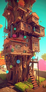 3D树木树屋背景图片