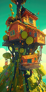 树木木屋房子3D背景图片