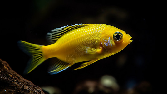 石头鱼缸水族馆的黄色小鱼插画