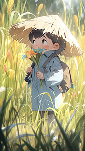 一把麦穗在麦田里散步的男孩插画
