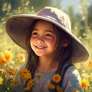 在花丛中的戴帽子的女孩背景图片