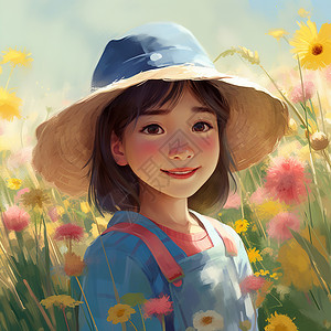 手绘花丛里的微笑的女孩背景图片
