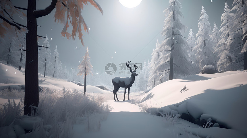 月光下雪中行走的鹿图片
