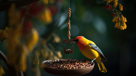 黄色的小鸟吃食图片
