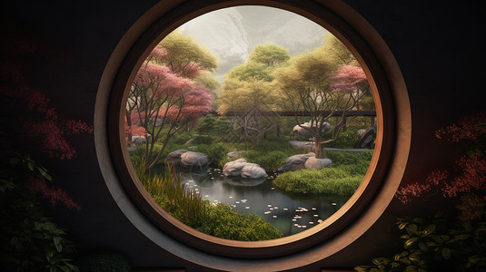 中式瓦片窗外多生态的庭院插画