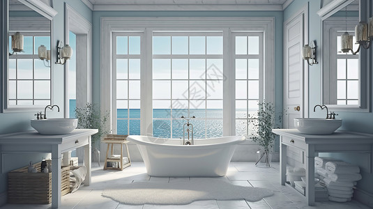 蓝色镜子白色海边浴室插画