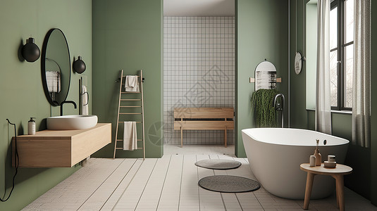 浴室 洗漱台小清新绿色浴室插画