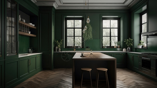 大理石现代绿色整洁的厨房插画
