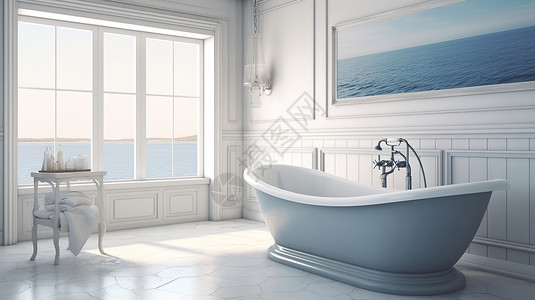 白色浴缸海边简约的浴室插画