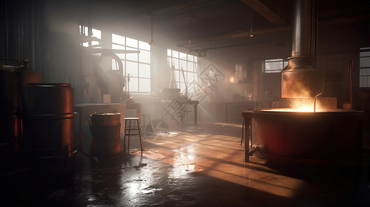 阳光下老旧的工厂工作间背景图片