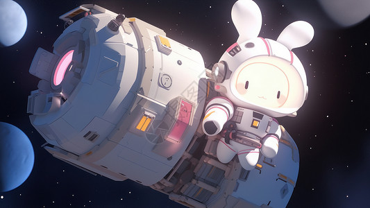 在太空中飞行的卡通小白兔背景图片