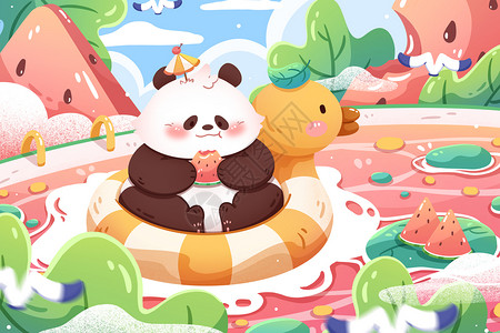 夏天熊猫吃西瓜清新卡通插画高清图片