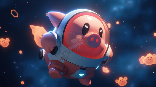 穿着背带的小猪穿着太空服的卡通小猪3D插画